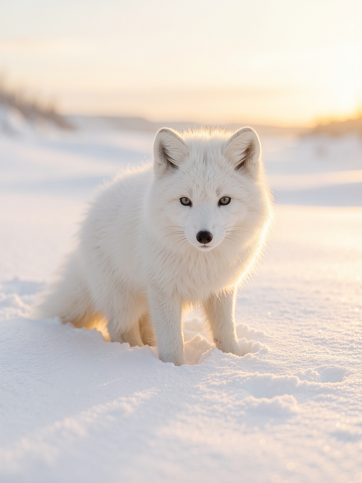 A white arctic fox in a snowy landscape
